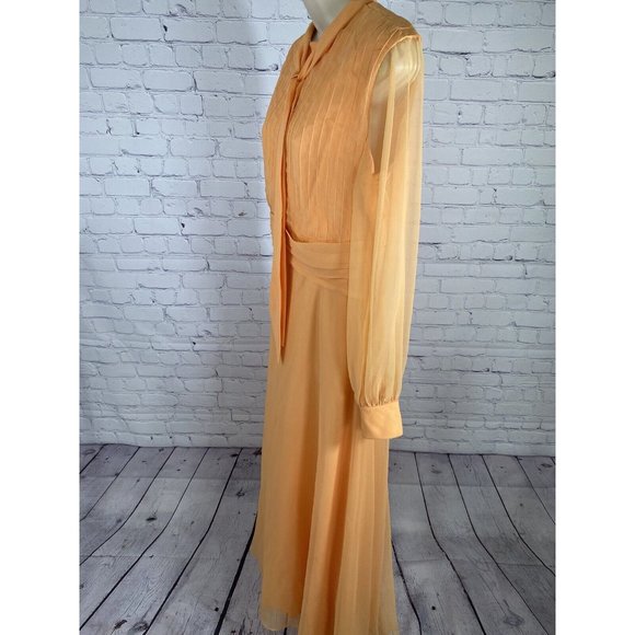 VTG Lee Jordan Orange Long High Neck Back Zip Lined Sheer Sleeve Dress M - Picture 3 of 12